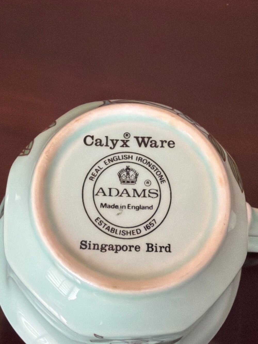 Vintage Adams Calyx Ware Singapore Bird Ironstone Teacups Aqua England Set of 2 - Picture 8 of 12